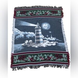 Vtg Tapestry Lighthouse Christmas Throw Blanket Nautical New England 53”x 43”
